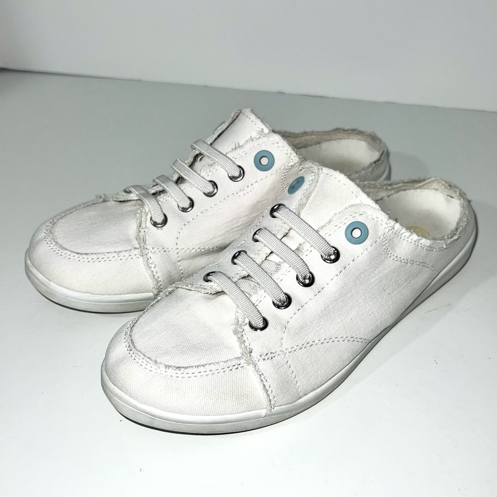 Vionic White Canvas Mule Sneakers with Blue Eyelet Accents